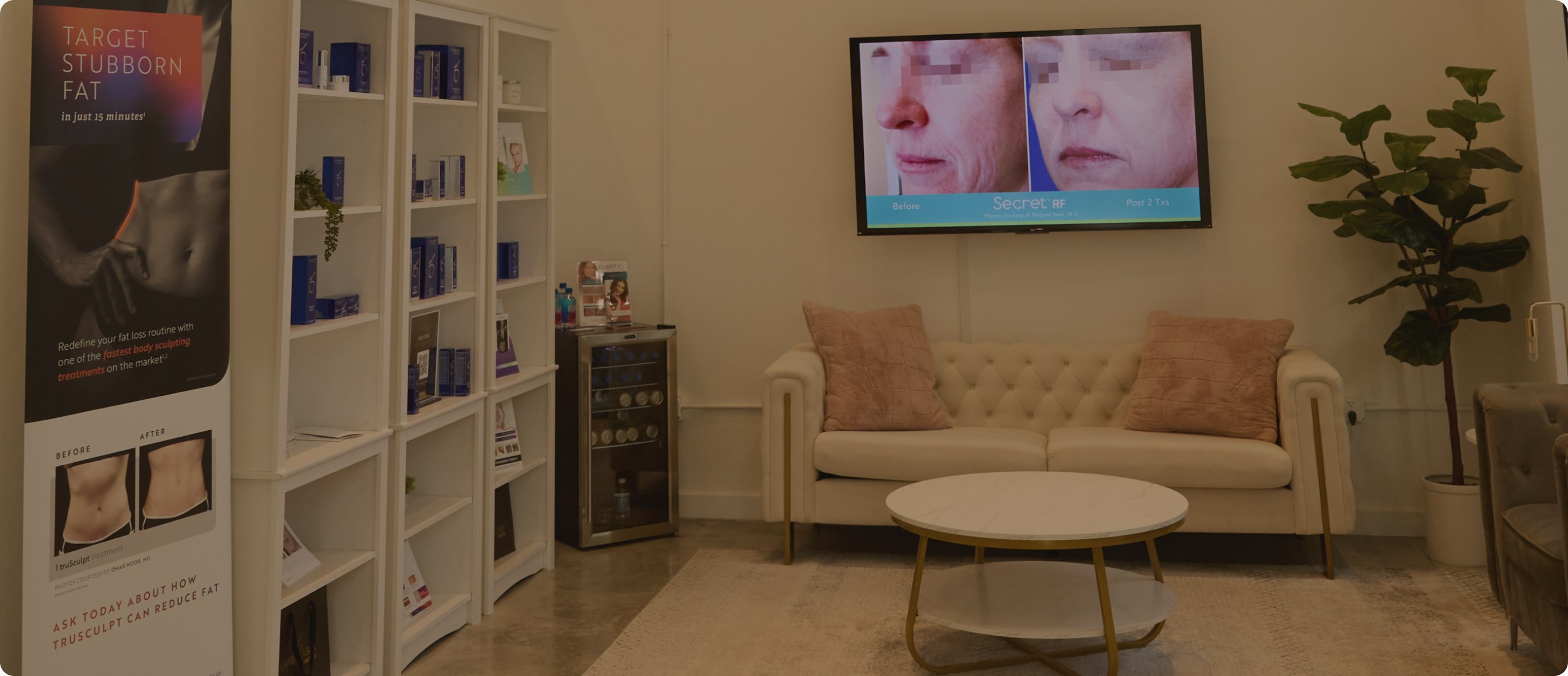 Lavish Laser MedSpa lounge with treatment posters, product shelves and a seating area